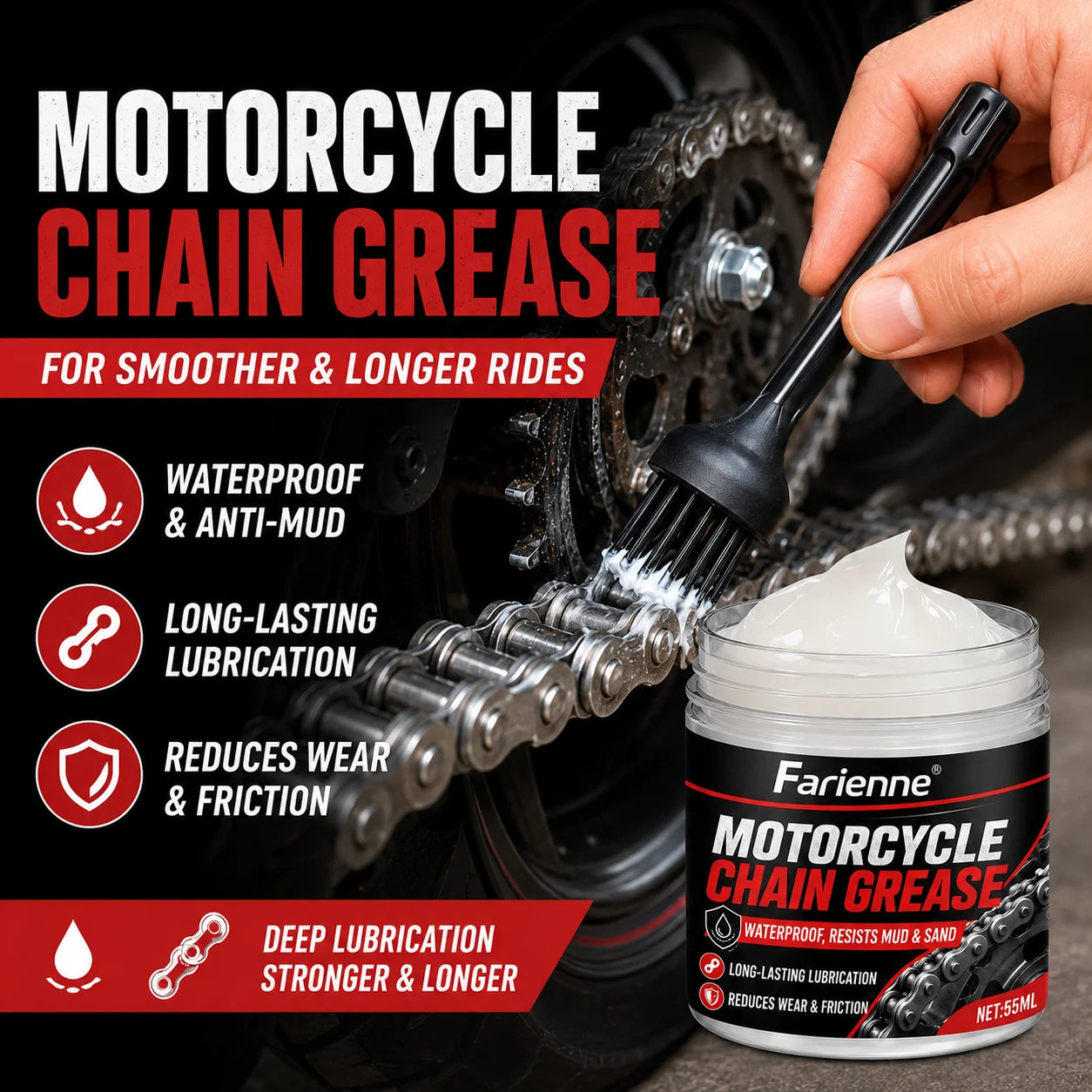 Motorcycle Chain Grease Waterproof Lubricant 55ml with Brush – Bike Chain Car Door Hinge Lock Sunroof Seat Rail – 1PC / 2PCS – $12–16