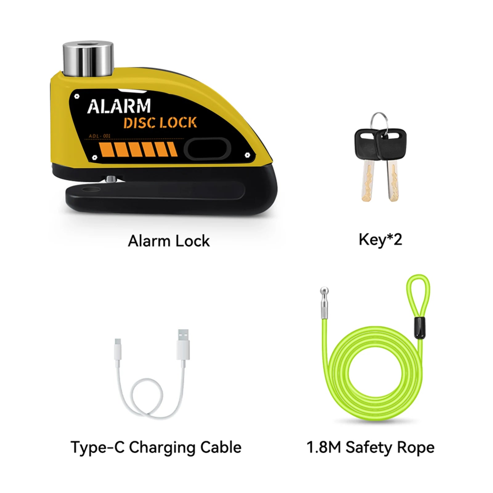 Extractme Motorcycle Alarm Disc Brake Lock 120dB Bicycle Wheel Disk Padlock Security Anti-Theft Lock Scooter – USB-C Rechargeable – 7mm – With or Without Rope – Red Black Blue Green Yellow