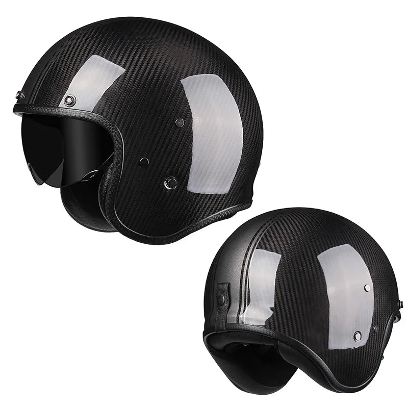 Carbon Fiber Helmets – Genuine Carbon Fiber 3/4 Open Face Motorcycle Helmet, Retro Cafe Racer with Inner Visor