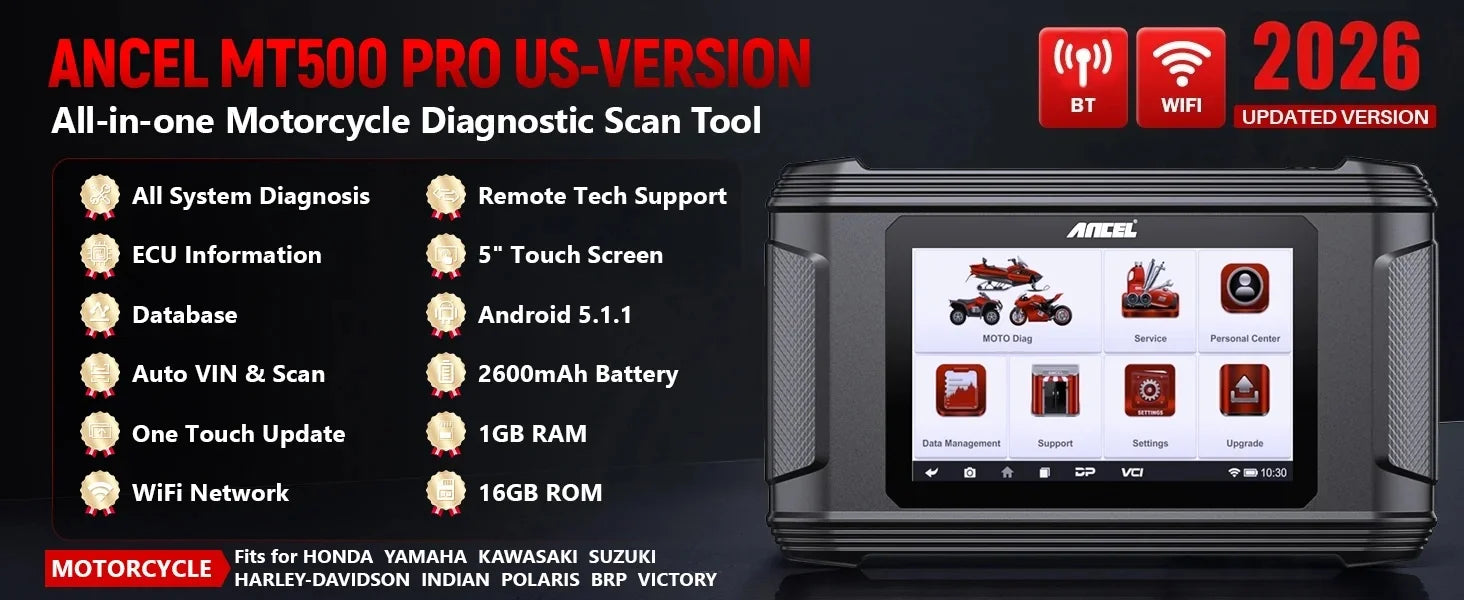 ANCEL MT500 Motorcycle Diagnostic Tablet – US Version – Full System + 30+ Resets + ECU Coding – Harley / Indian / Polaris / BRP + Asian – $1,196