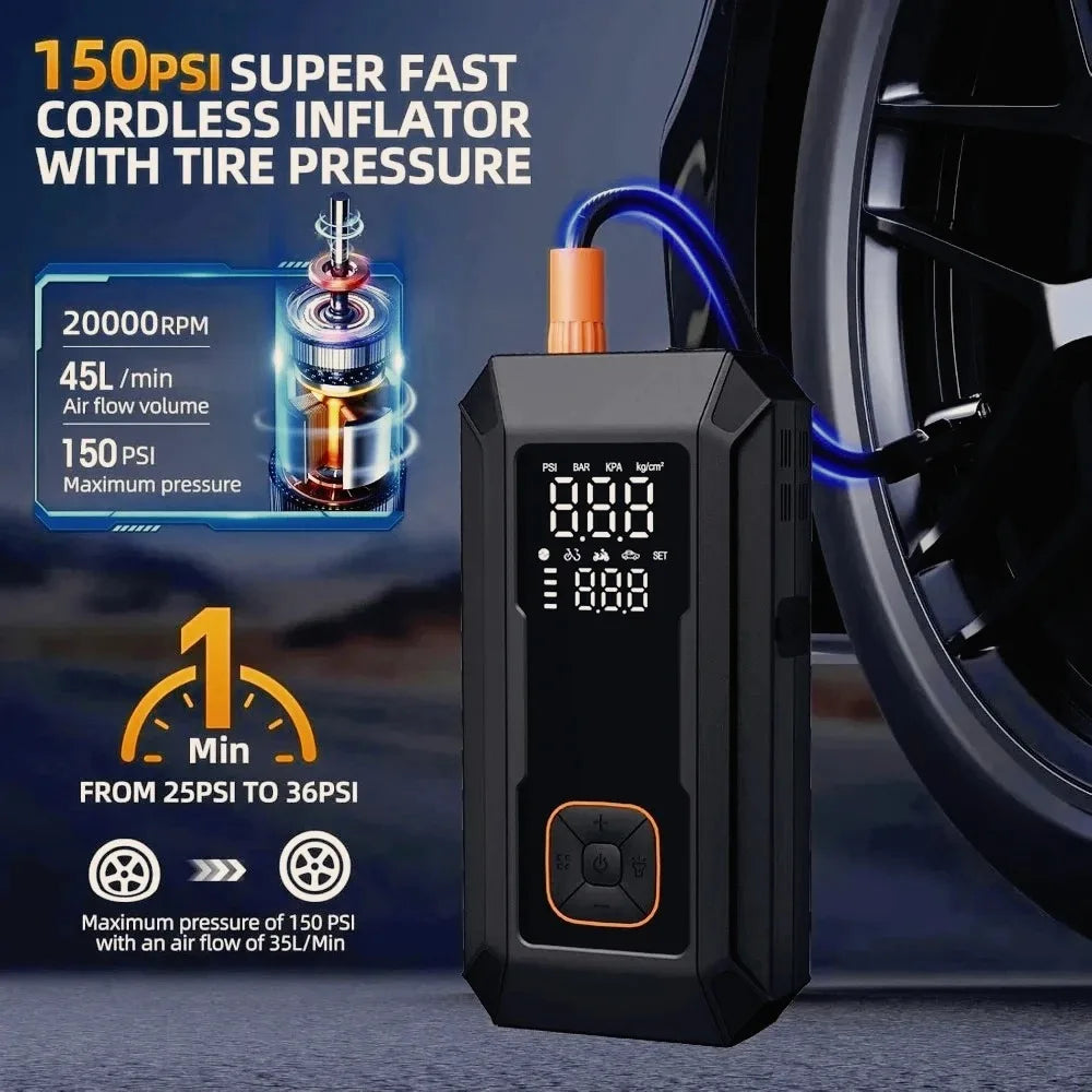 Motorcycle Jump Starter Q28 4000A with 150PSI Air Compressor Portable Power Bank Tyre Inflator 400 Lumen LED Light 12V