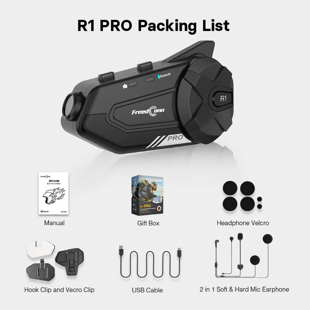 FREEDCONN R1 Pro Motorcycle Bluetooth Intercom – 6-Rider 2K Dash Cam