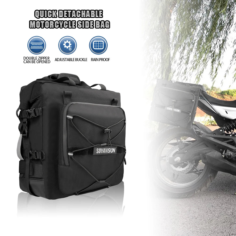 SOYAVISION Motorcycle Saddlebag Waterproof Side Bag 20L 500D Polyester Travel Motorbike Luggage Rear Seat Bag for BMW R1200GS ADV Kawasaki Yamaha Honda Suzuki – Black (1PC / 2PC)