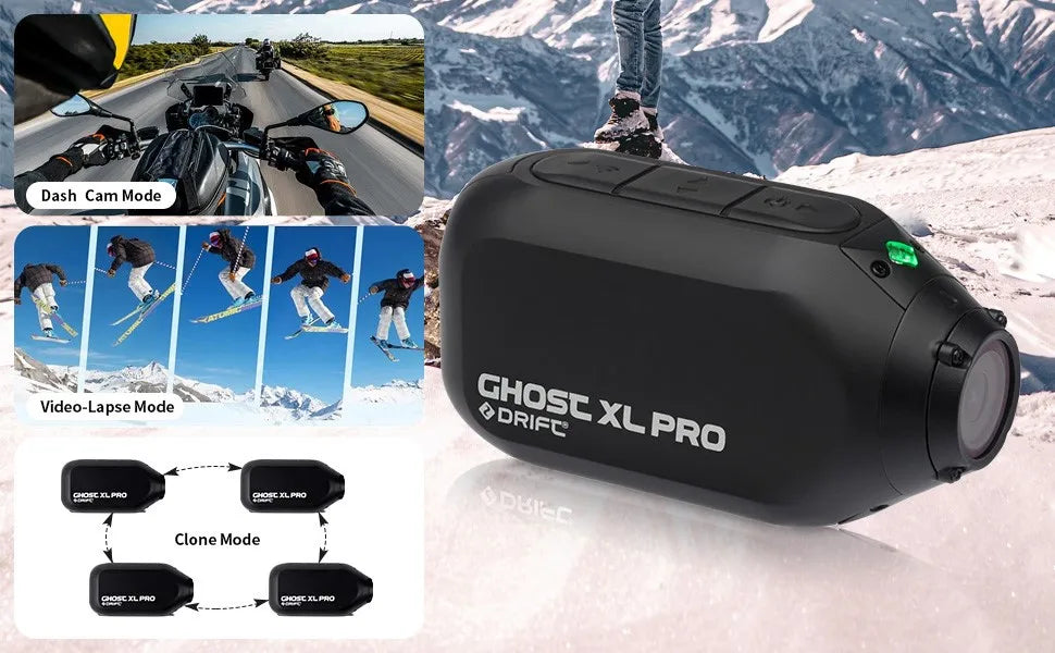 Drift Ghost XL PRO 4K WiFi IPX7 Waterproof Motorcycle Camera Helmet Cam 140° 300° Lens 3000mAh Live Stream Vlog Dash Cam Motorcycle Camera for Motorcycle Bicycle Outdoor