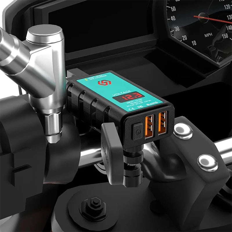12V Waterproof Motorcycle USB & Type-C Fast Charger – SAE Adapter with Power Switch & Voltmeter