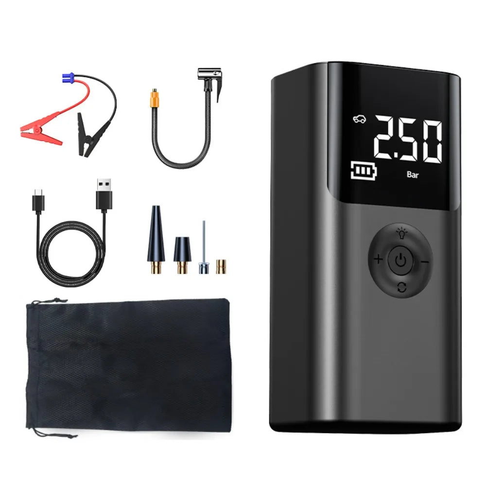 4-in-1 Jump Starter 1000A 12V – Wireless Tire Inflator, LED SOS Light & Power Bank for Car, Motorcycle & Bicycle