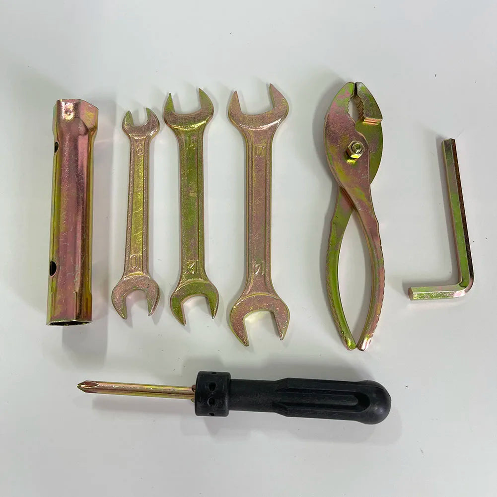 HOTSELE 7-Piece Universal Motorcycle Tool Kit – Spark Plug Socket, Spanners, Pliers & Allen Wrench – Storage Pocket – $18