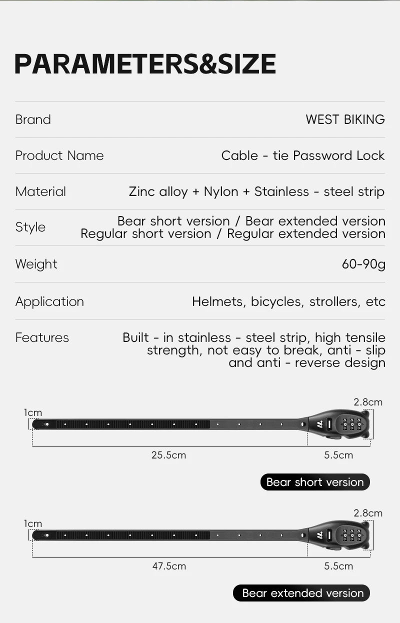 WEST BIKING Bicycle Lock Portable Cable Zinc Alloy Lock Motorcycle Helmet Password Lock Safety Anti-Theft Adjustable Rope Lock