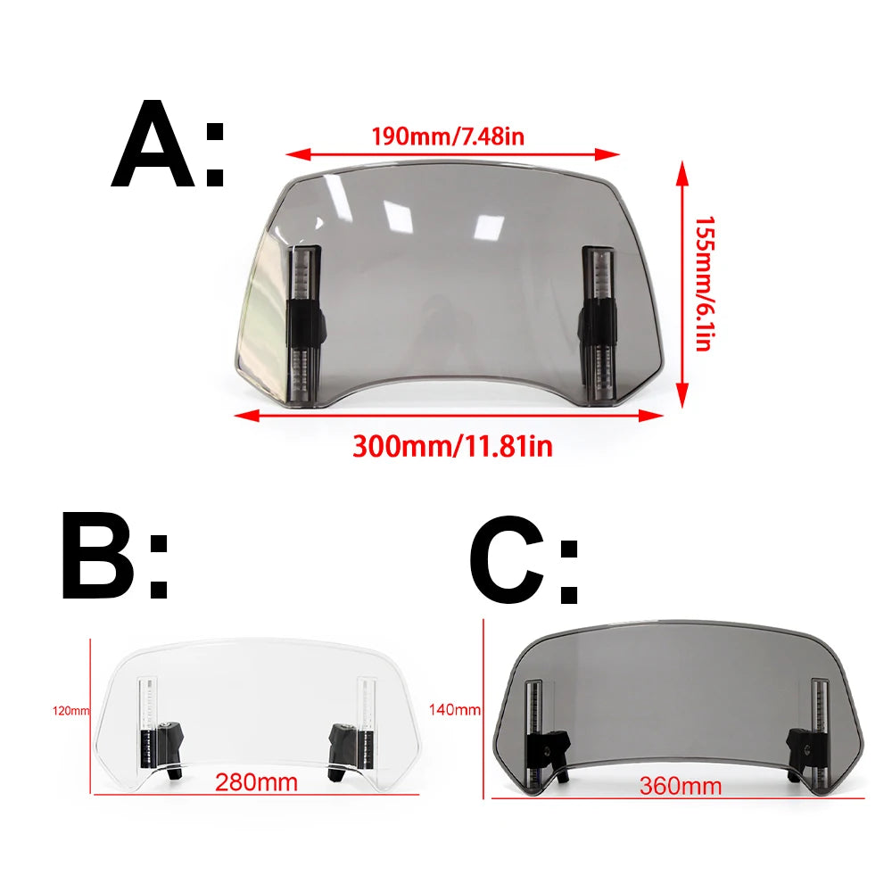 Universal Motorcycle Windshield Extension Adjustable Spoiler Clamp-On Windscreen Deflector Suitable for All Motorcycle Parts – SOYAVISION ABS 280mm 300mm 360mm Grey Clear No Drill