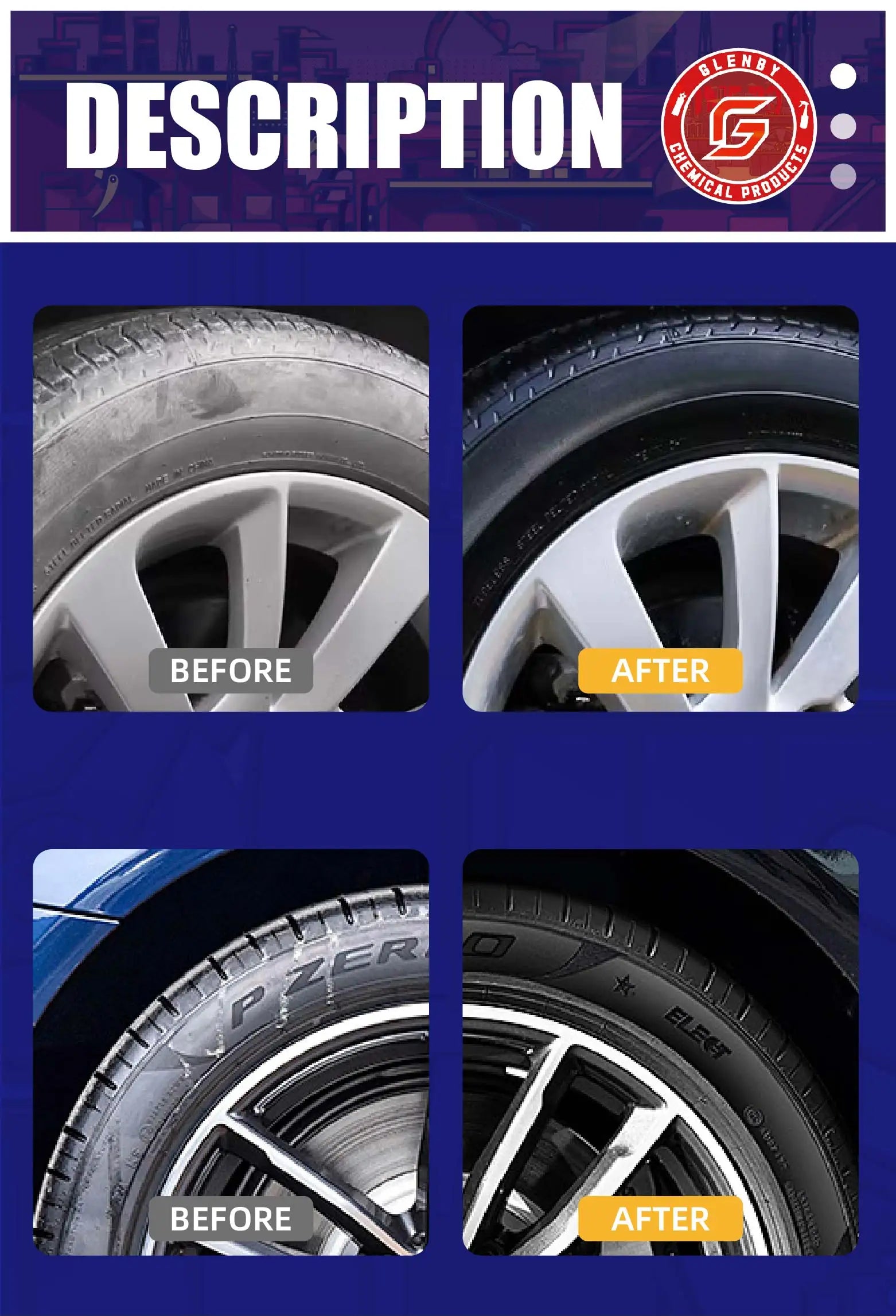 Glenby GL6A Tire Shine Spray – Wet Black Glossy Finish with One Quick Spray – 100ml / 200ml / 300ml / 500ml – $12–40