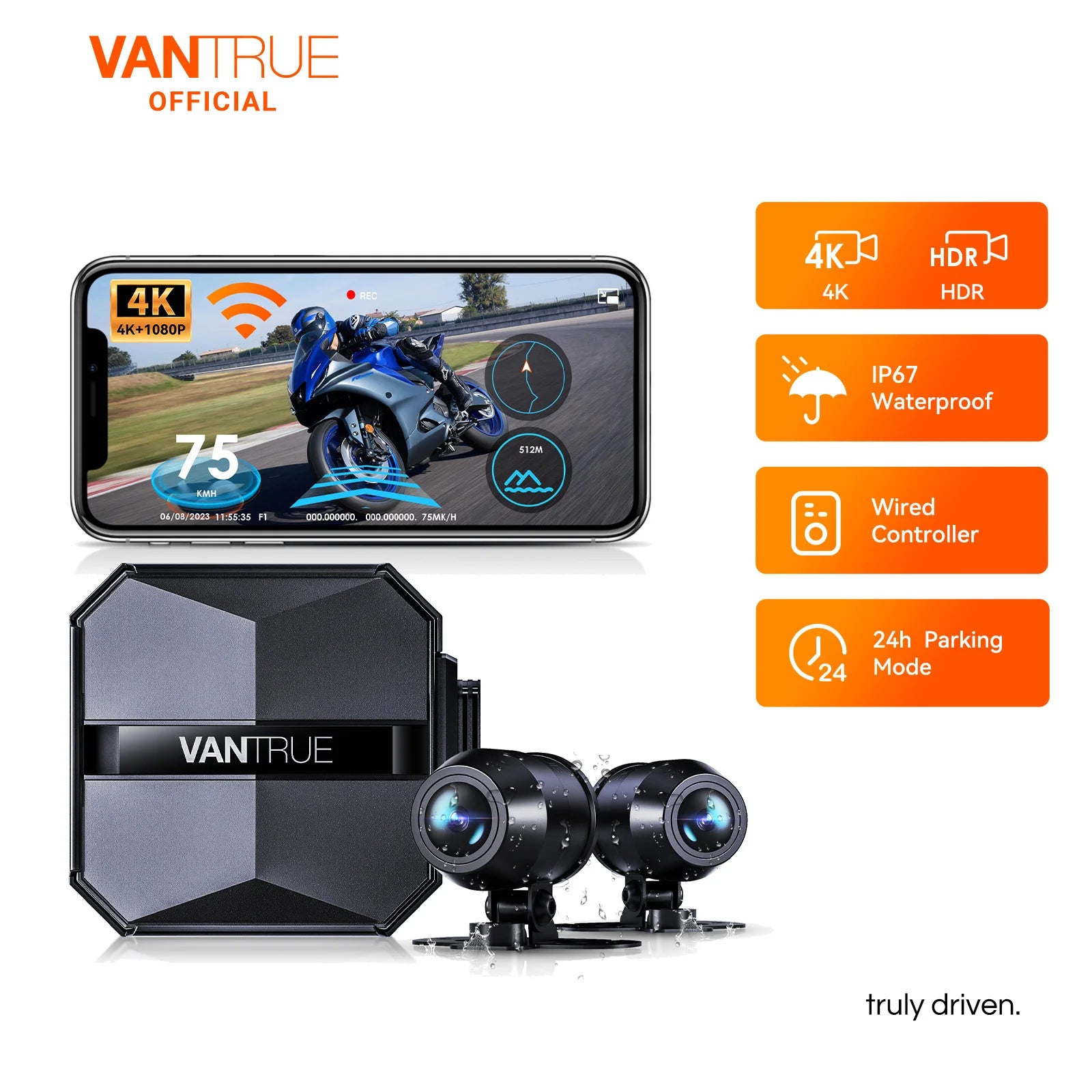 Vantrue F1 Motorcycle Dash Cam 4K Front 1080P Rear IP67 Waterproof WiFi GPS 160° 24H Parking Mode Wired Remote Motorcycle Camera DVR STARVIS OTA 18-Month Warranty