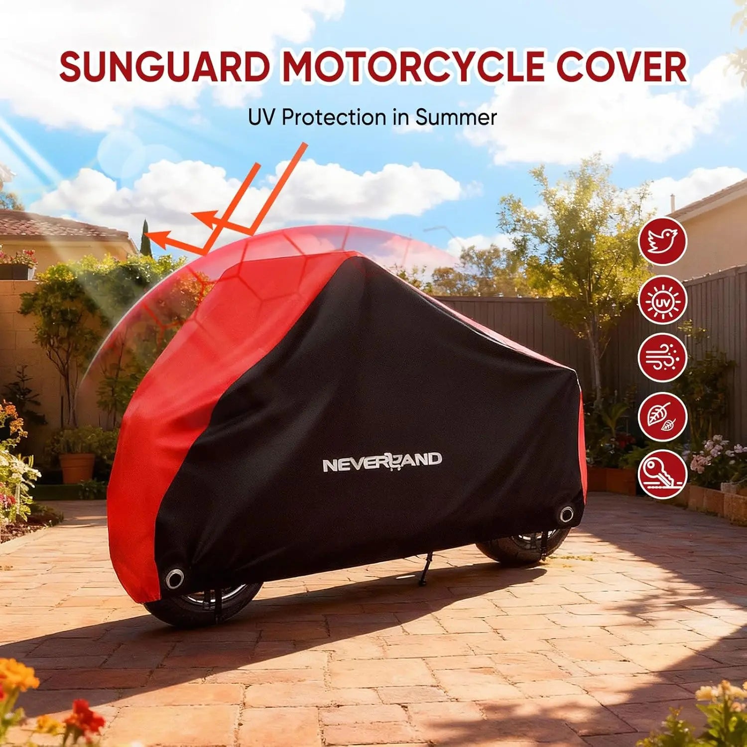 NEVERLAND Motorcycle Cover Waterproof Outdoor Heavy Duty with 2 Lock Holes All Season Indoor Outdoor Universal Motors Cover – 300D Oxford Cloth PU 1500Pa Red Adjustable Elastic Band 1 Year Warranty