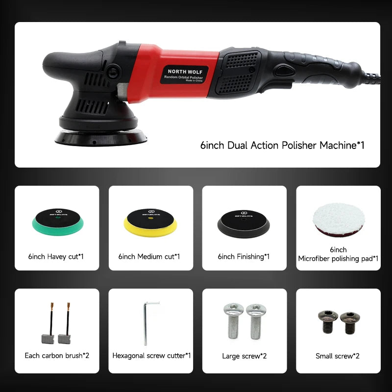 DETAILING North Wolf 900W Dual Action Car Polisher – 15mm / 21mm Orbit – 5" / 6" Pad – 6-Speed – 110V US / 220V EU – Machine Only or Set – CE Certified – $171–305