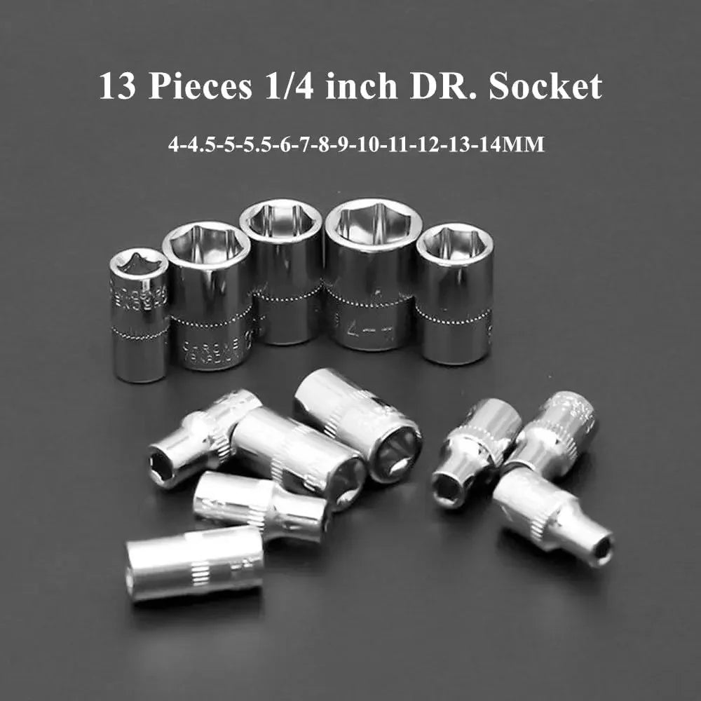 46-Piece 1/4" Drive Socket Ratchet Wrench Set – Chromium Vanadium Steel – Motorcycle / Car / Bicycle Repair – 3 Colors – $28