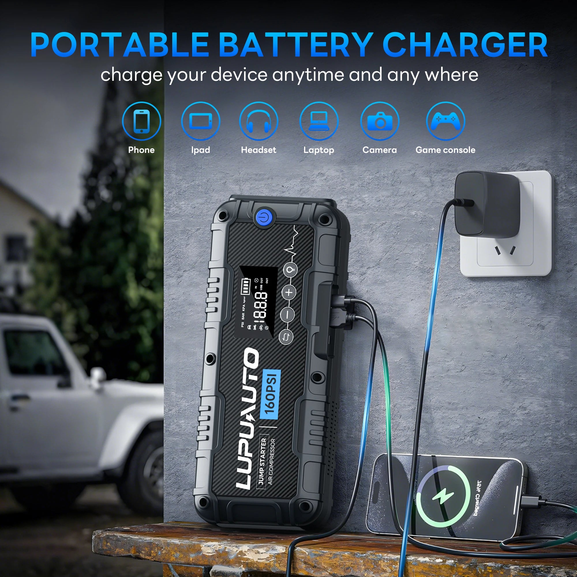 Motorcycle Jump Starter 7000A with Air Compressor 160PSI Tyre Inflator Portable Power Bank LED Flashlight Smart Cable 12V
