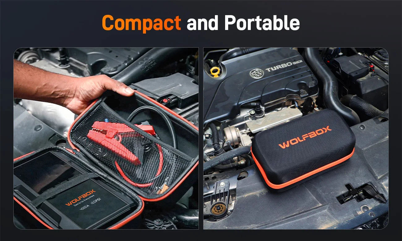 WOLFBOX JS24AIR Motorcycle Jump Starter 4000A with 160PSI Air Compressor 88.8Wh Portable Jump Box Tyre Inflator LED Light 12V (10L Gas / 10L Diesel)