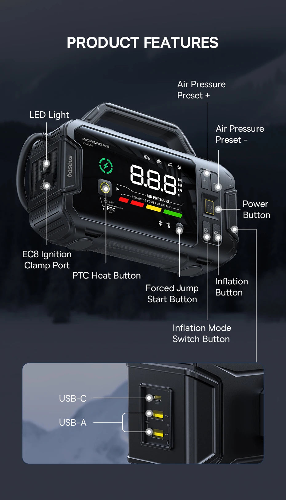 Baseus PrimeTrip VJ1 Motorcycle Jump Starter 3000A 4-in-1 with 150PSI Air Compressor 21600mAh Power Bank Patented PTC Heating LED Light