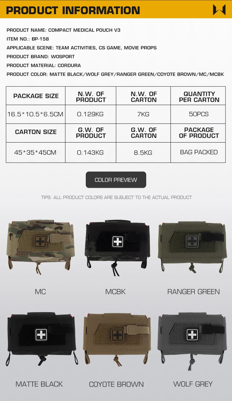 Tactical MD2 Compact Medical Pouch V3 IFAK MOLLE First Aid Trauma Kit for Hunting Camping Patrol Motorcycle Survival