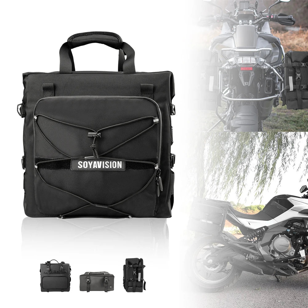 SOYAVISION Motorcycle Saddlebag Waterproof Side Bag 20L 500D Polyester Travel Motorbike Luggage Rear Seat Bag for BMW R1200GS ADV Kawasaki Yamaha Honda Suzuki – Black (1PC / 2PC)
