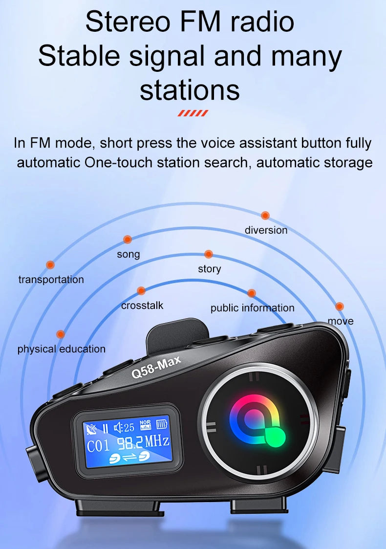 Q58 Max Motorcycle Bluetooth Intercom – 500m Helmet Communication