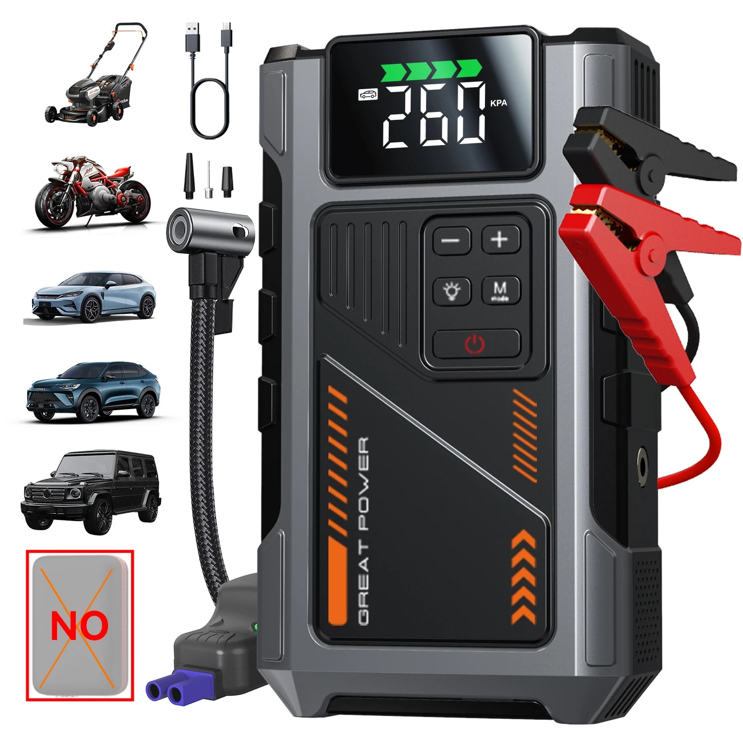 Motorcycle Jump Starter with Air Compressor 3000A Peak 150PSI Tyre Inflator Portable Battery Booster Pack with LED Light 12V