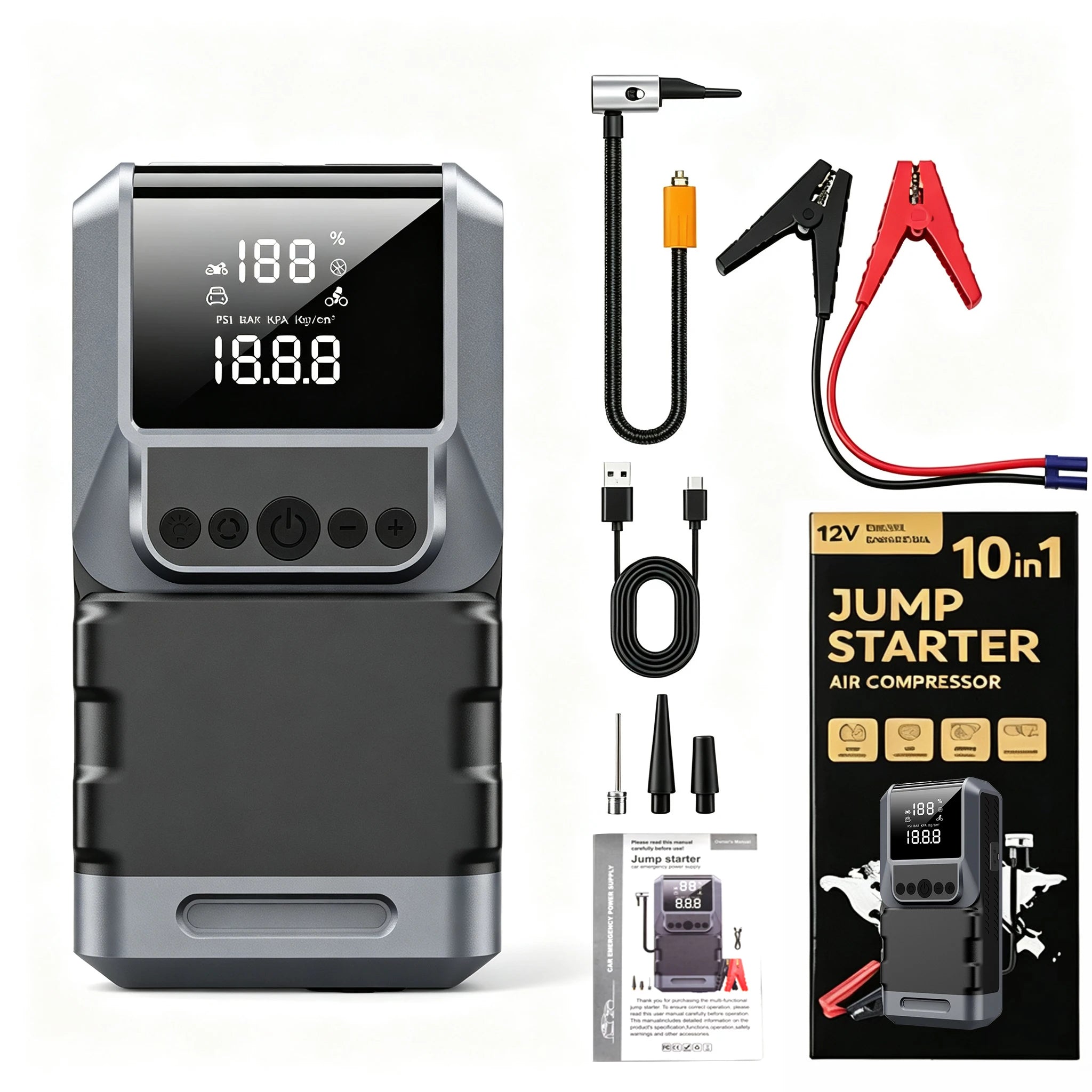 Rscrola CQS03 Motorcycle & Bike Jump Starter 5000A with 150PSI Air Compressor Auto Tyre Inflator Large LCD Display LED Light 12V