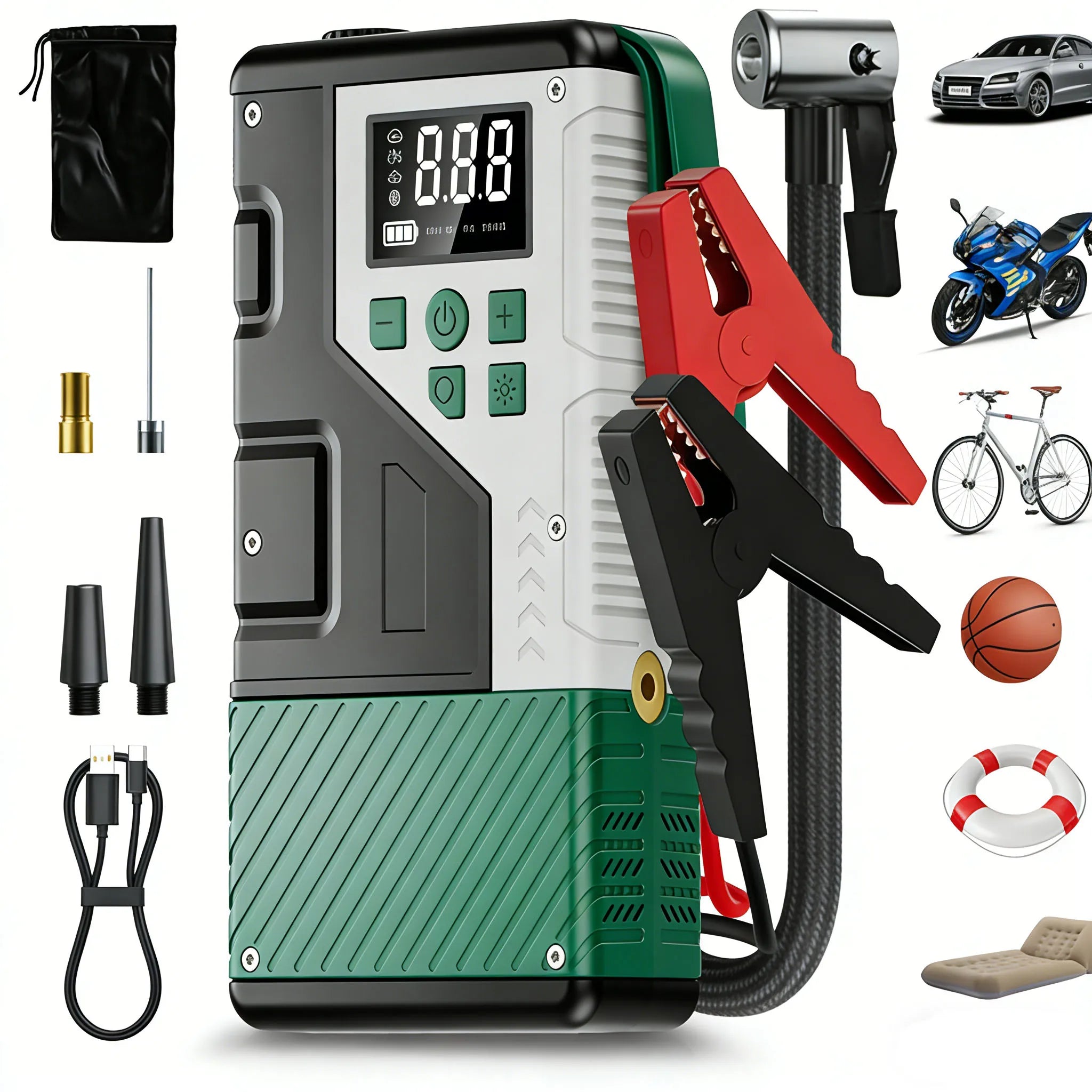 Upgraded 150PSI Portable Motorcycle Air Compressor with 7000A Emergency Jump Starter Combo Digital LCD Display Ideal for Outdoor Camping