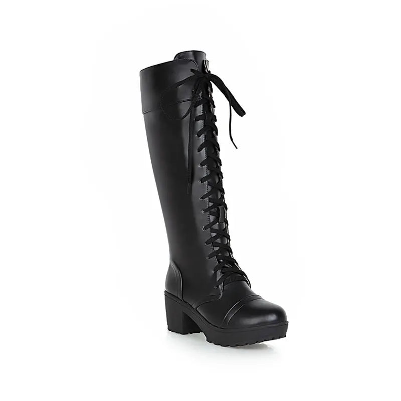 Riding Boots – Women’s Knee-High Motorcycle Boots, Lace-Up Gothic Platform with Side Zipper