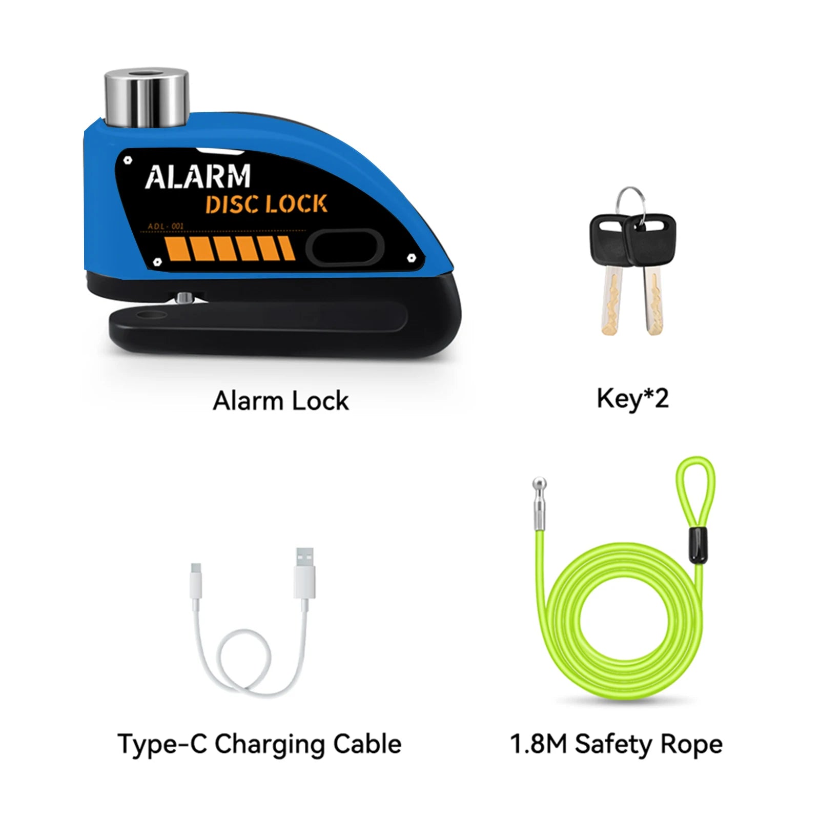 Extractme Motorcycle Alarm Disc Brake Lock 120dB Bicycle Wheel Disk Padlock Security Anti-Theft Lock Scooter – USB-C Rechargeable – 7mm – With or Without Rope – Red Black Blue Green Yellow