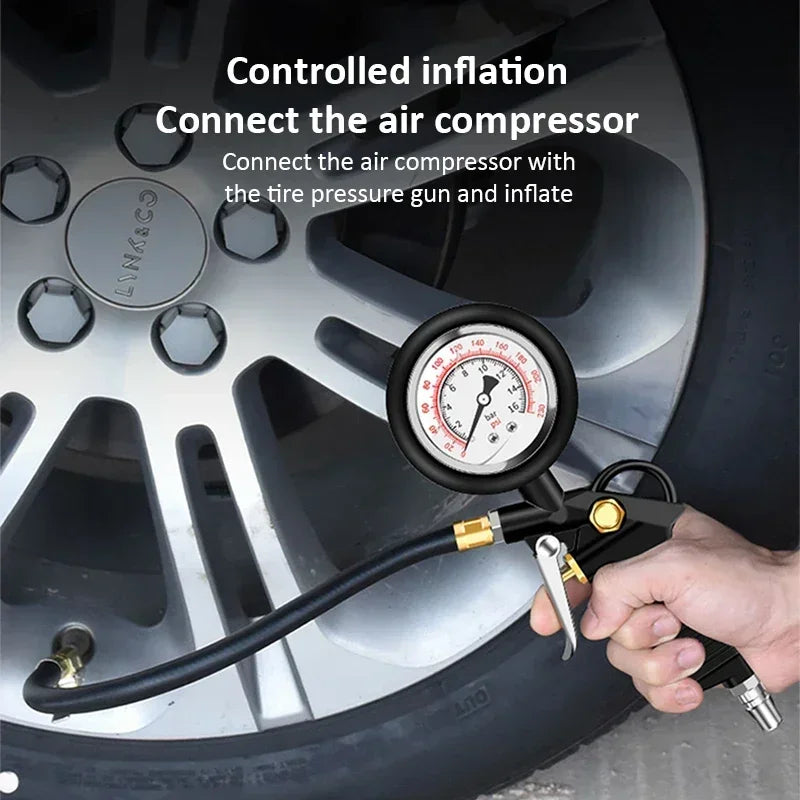 220 PSI Tire Pressure Gauge – Car, Truck & Motorcycle Tire Inflator with Flexible Hose