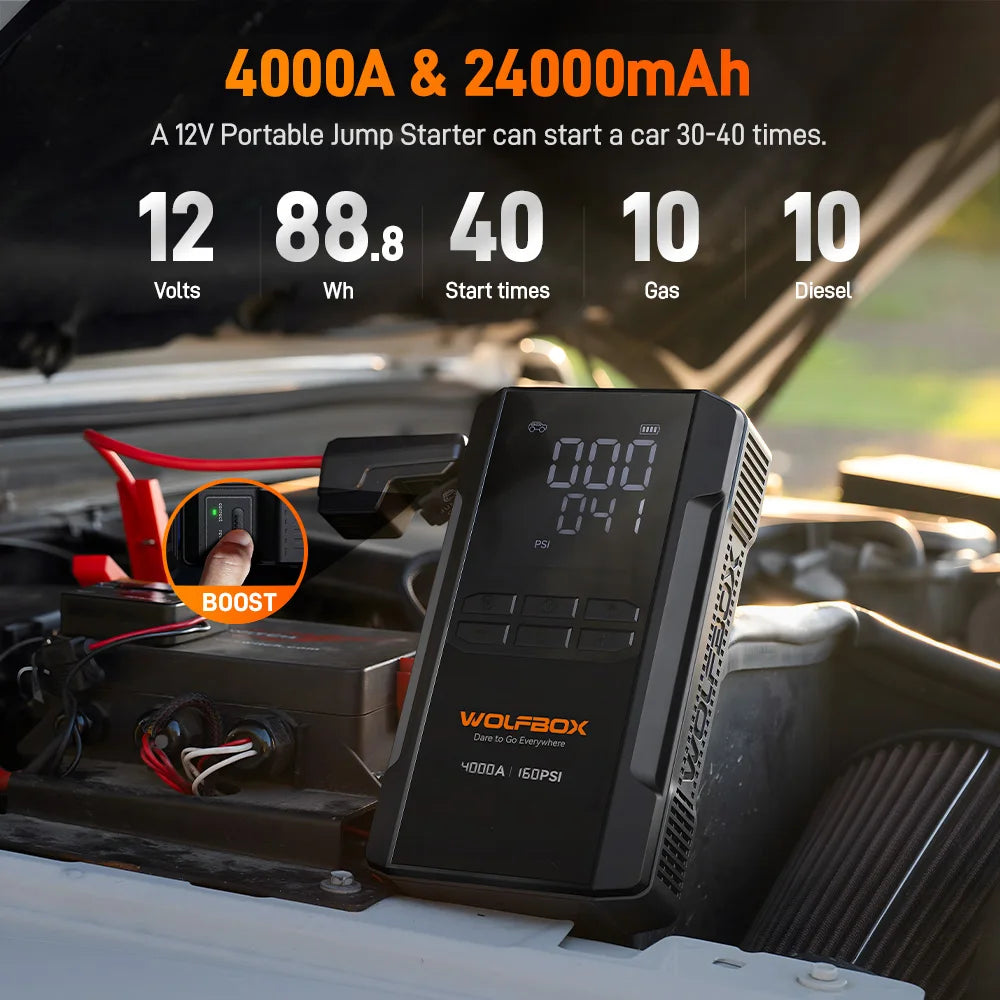 WOLFBOX JS24AIR Motorcycle Jump Starter 4000A with 160PSI Air Compressor 88.8Wh Portable Jump Box Tyre Inflator LED Light 12V (10L Gas / 10L Diesel)