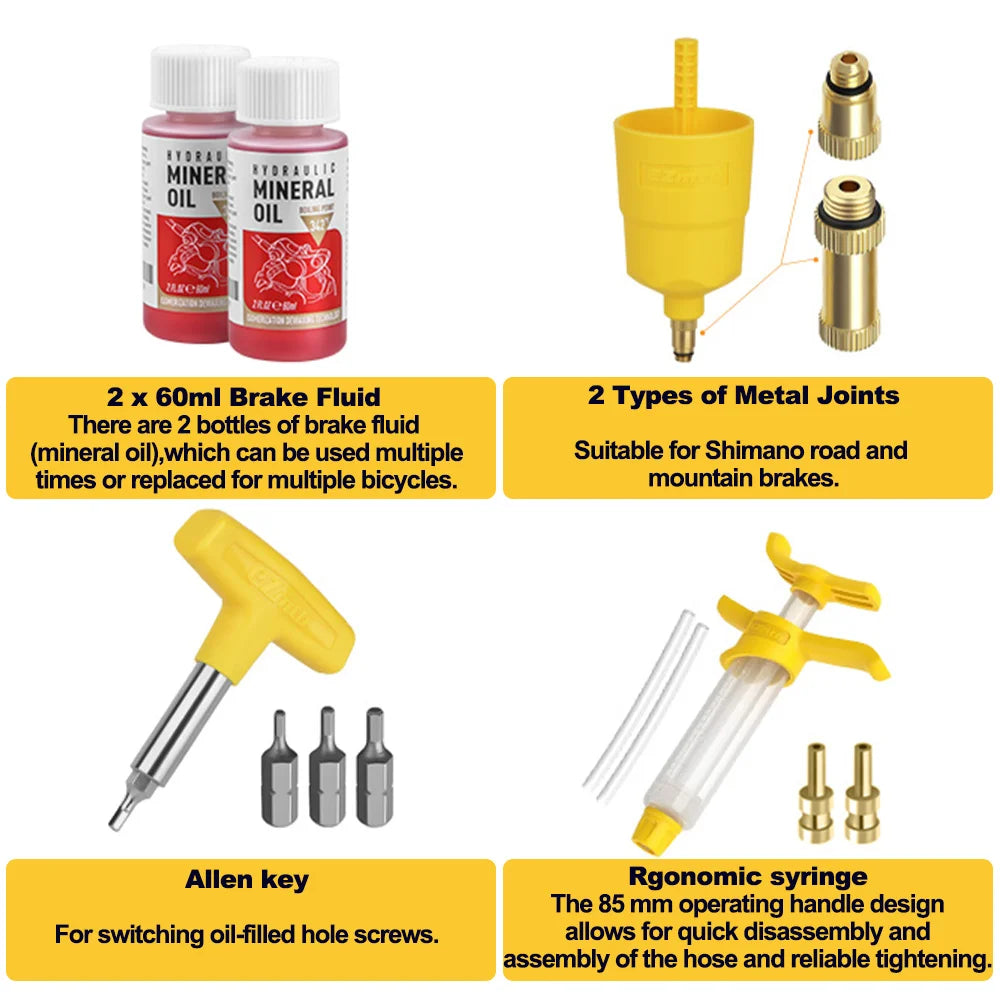 Brake Bleed Kit for Shimano Hydraulic Brakes – Brake Bleeding Tools with 2×60ml Mineral Brake Fluid – Road & MTB Dual Purpose – 2000–2023 Models – $35