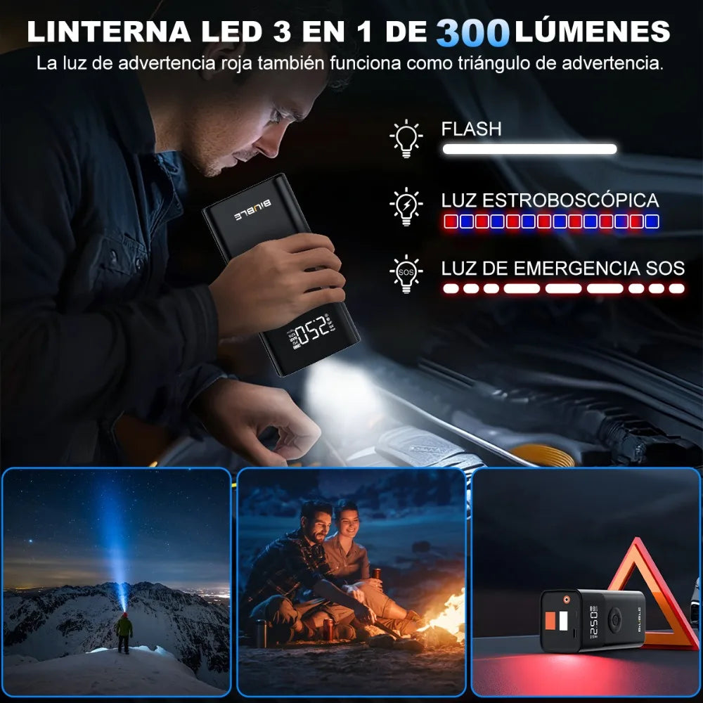 4-in-1 Jump Starter 1000A 12V – Wireless Tire Inflator, LED SOS Light & Power Bank for Car, Motorcycle & Bicycle
