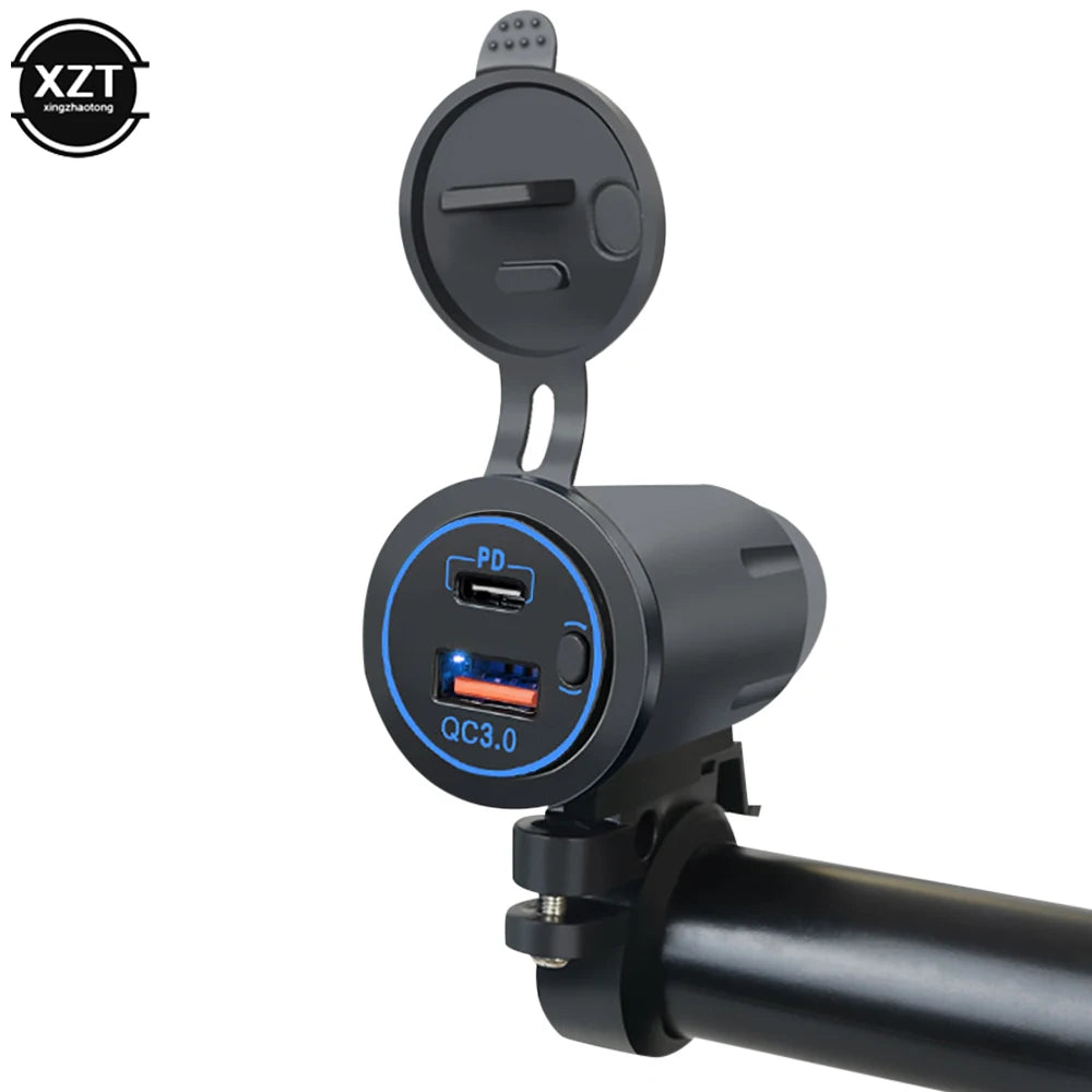 12–24V Motorcycle Dual USB Fast Charger – PD + QC3.0 Handlebar Charging Socket with Switch