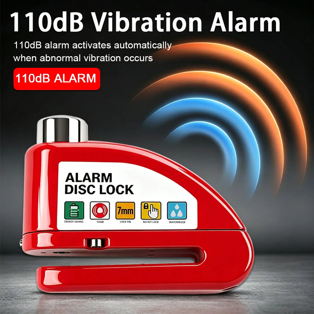 Motorcycle Bicycle Alarm Disc Lock Aluminum Alloy Anti-Theft Safety Padlock Vibration Reminder Security Protection Accessories – 110dB 7mm Hardened Steel 2 Keys Allen Wrench 7 Colors