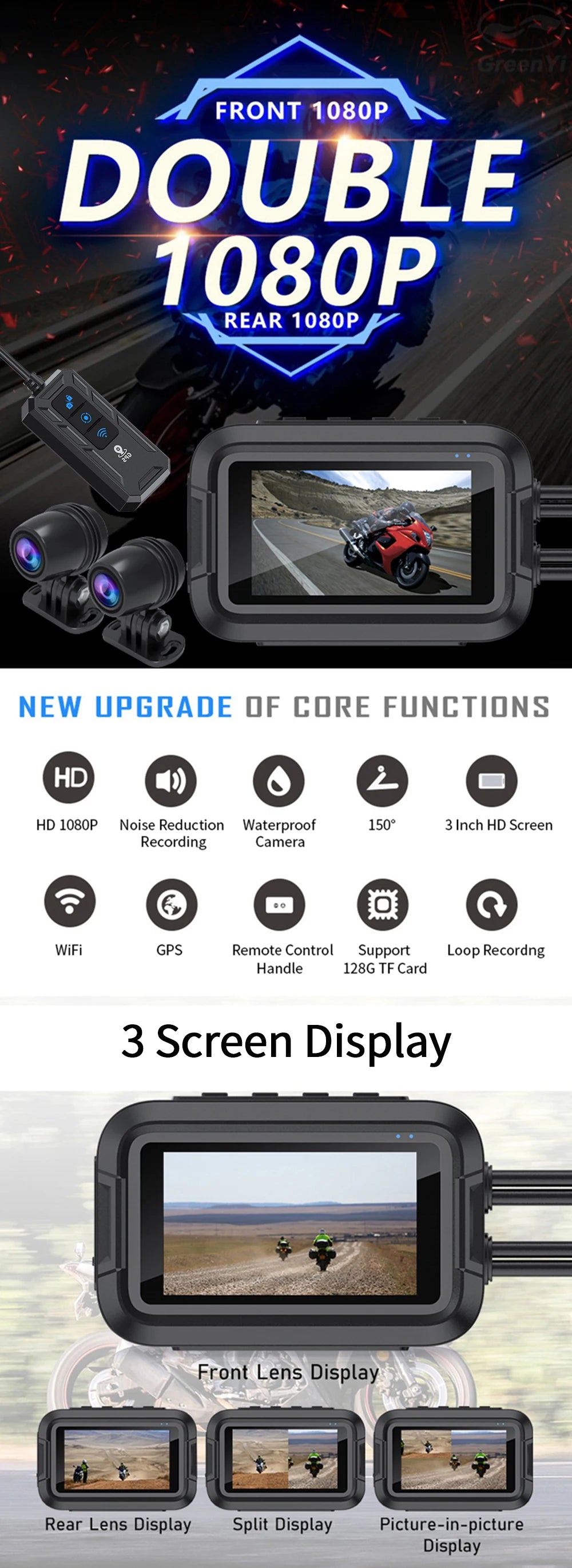 Kocam Dual 1080P Motorcycle Dash Cam IP66 Waterproof 3" IPS WiFi GPS Front Rear Motorcycle Camera DVR Black Box G-Sensor Super Capacitor Parking Monitor