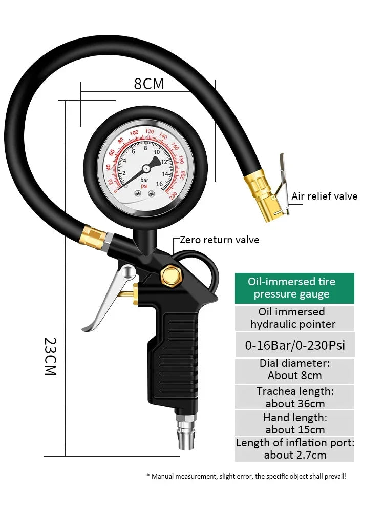 220 PSI Tire Pressure Gauge – Car, Truck & Motorcycle Tire Inflator with Flexible Hose