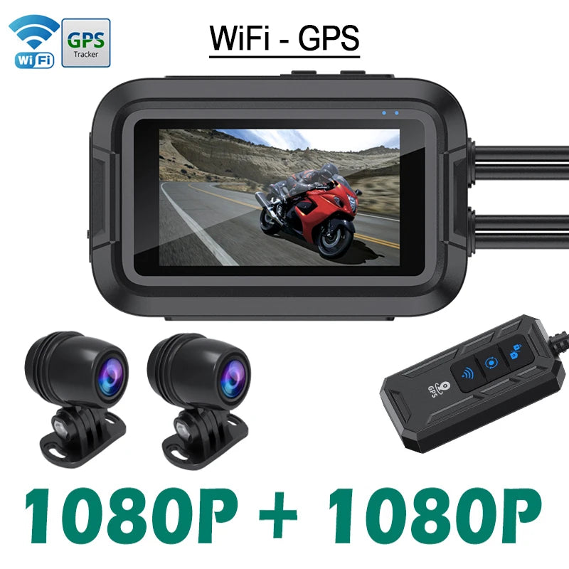 Kocam Dual 1080P Motorcycle Dash Cam IP66 Waterproof 3" IPS WiFi GPS Front Rear Motorcycle Camera DVR Black Box G-Sensor Super Capacitor Remote Control