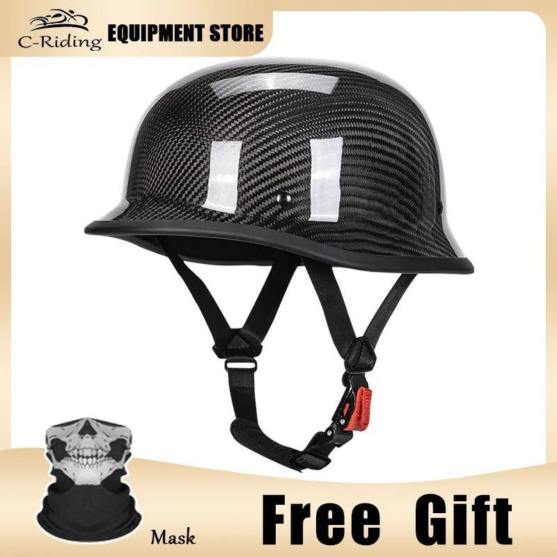 Carbon Fiber Helmets – DOT Certified 12K Carbon Fiber Half Face Motorcycle Helmet, Vintage German-Style Cruiser