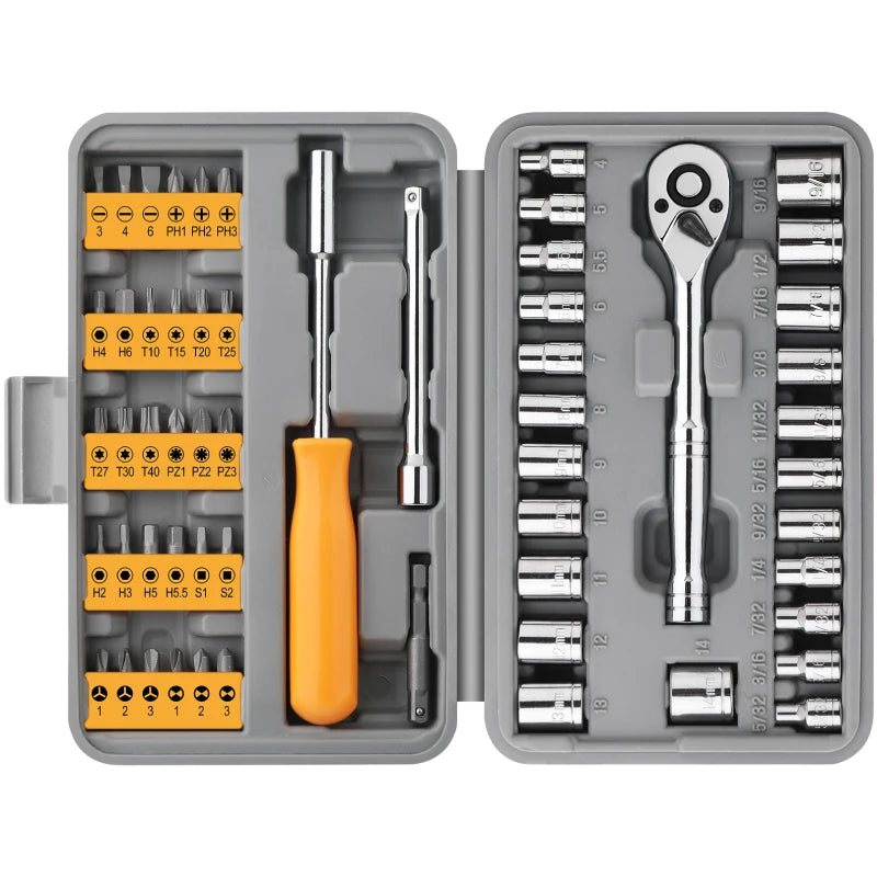 Hi-Spec 57-Piece 1/4" Drive Socket Ratchet Wrench Set – Car / Bike / Motorcycle Repair – Hex & Phillips Bits – Storage Case – $42