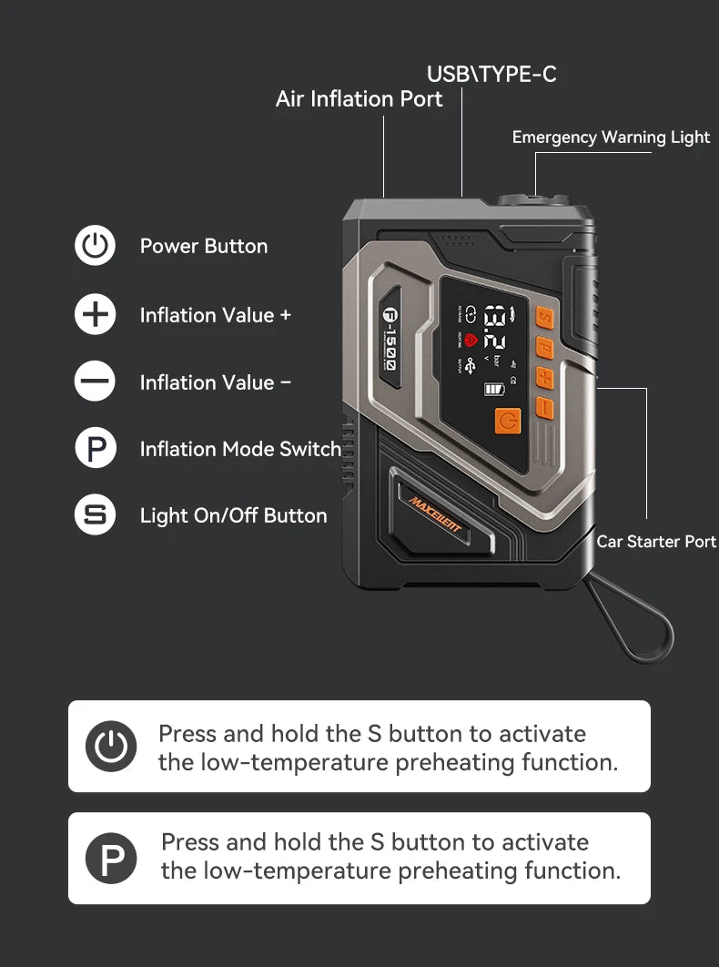 Maxcellent F1500 Flagship 4000A Jump Starter – 145PSI Air Tire Inflator, LED Light & Power Bank for Car, Motorcycle, Diesel & Van