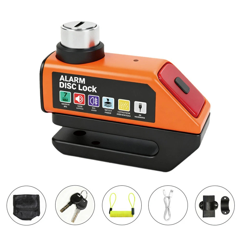 MDUG Motorcycle Alarm Disc Brake Lock 120dB Loud Anti-Theft Security Moto Wheel Disk Padlock Waterproof USB Rechargeable LED Light Bracket – IPX6 – Solo or Set – Blue Red Orange Yellow Black