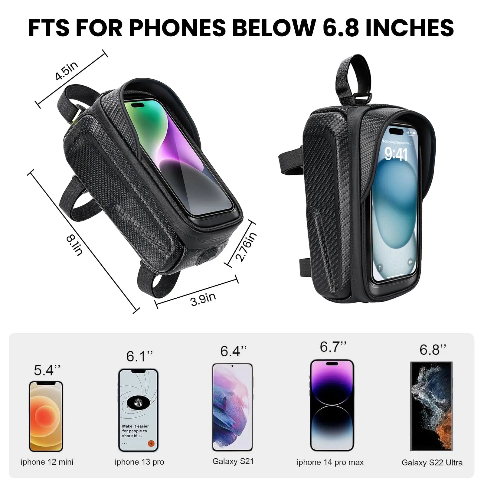 Waterproof EVA Bike Phone Pouch – Front Frame Top Tube Bag for Phones Up to 6.8"
