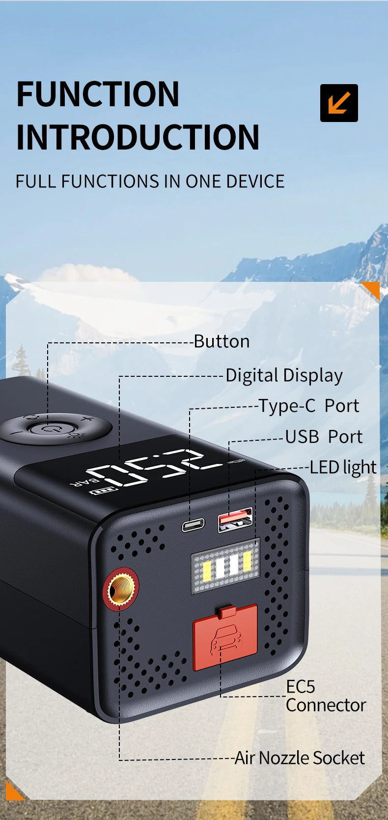 BASEUS QS003 Plus 4-in-1 Jump Starter – 12V 1000A with 150PSI Air Compressors, LED Light & Power Bank