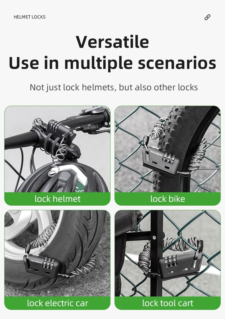 Rockbros Helmet Lock Anti-Theft Mini Bicycle Lock 3-Digit Password Lock Ultralight Flexible Bike Lock Motorcycle Helmet Lock – Model 907 1.5m PVC Steel Cable Two Ways to Use Black
