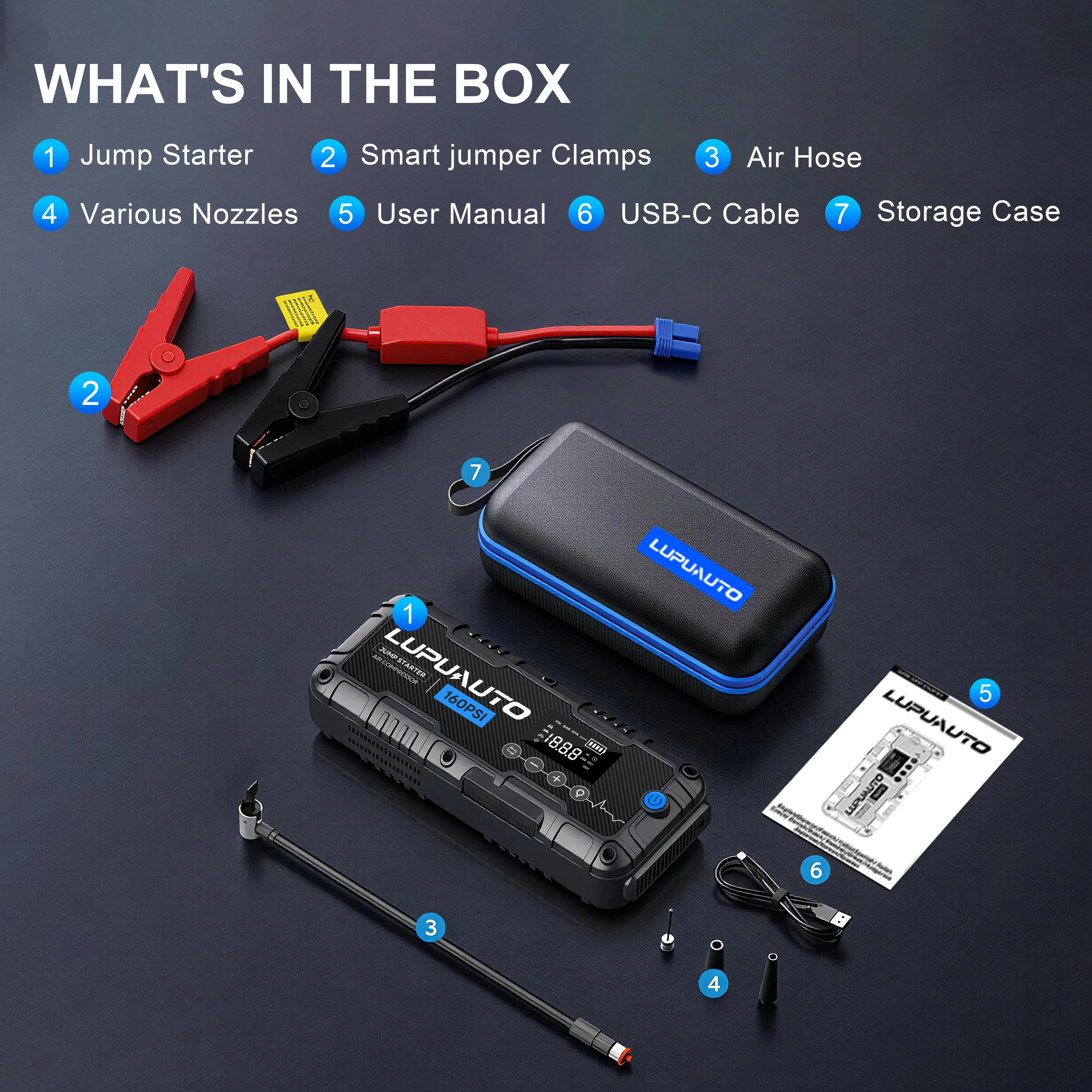 Motorcycle Jump Starter 7000A with Air Compressor 160PSI Tyre Inflator Portable Power Bank LED Flashlight Smart Cable 12V