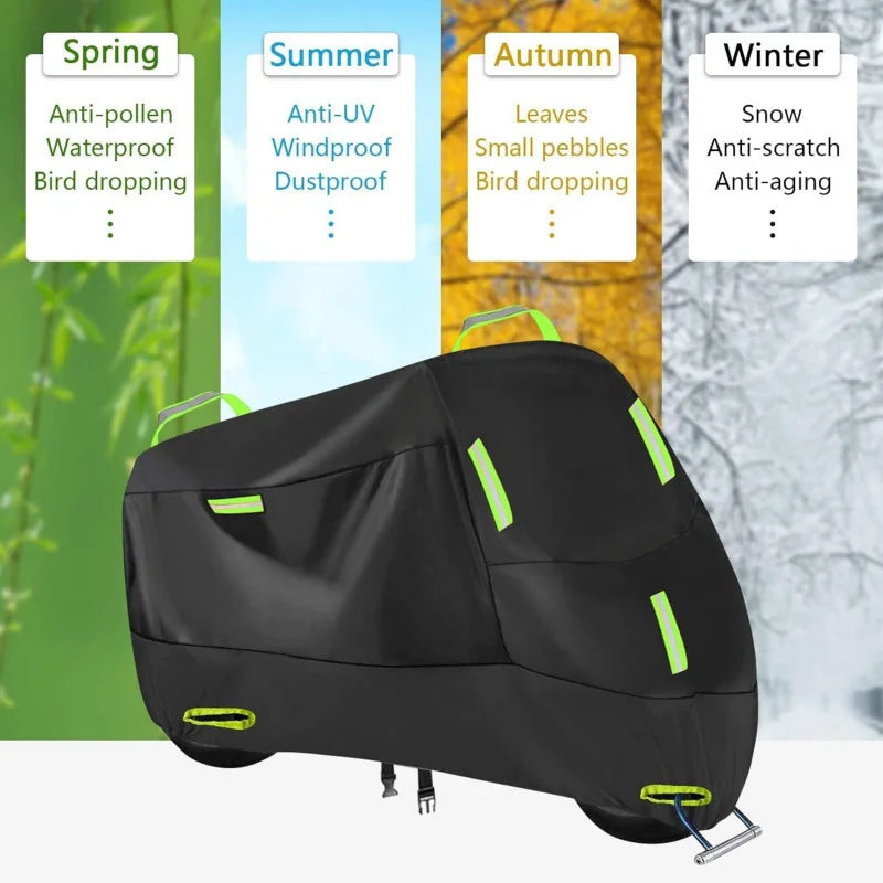 420D Universal Motorbike UV Protection Cover – High-Density Oxford Cloth Waterproof Rainproof Dustproof All Weather Windproof Lock Holes Night Reflective Strips Black M-4XL