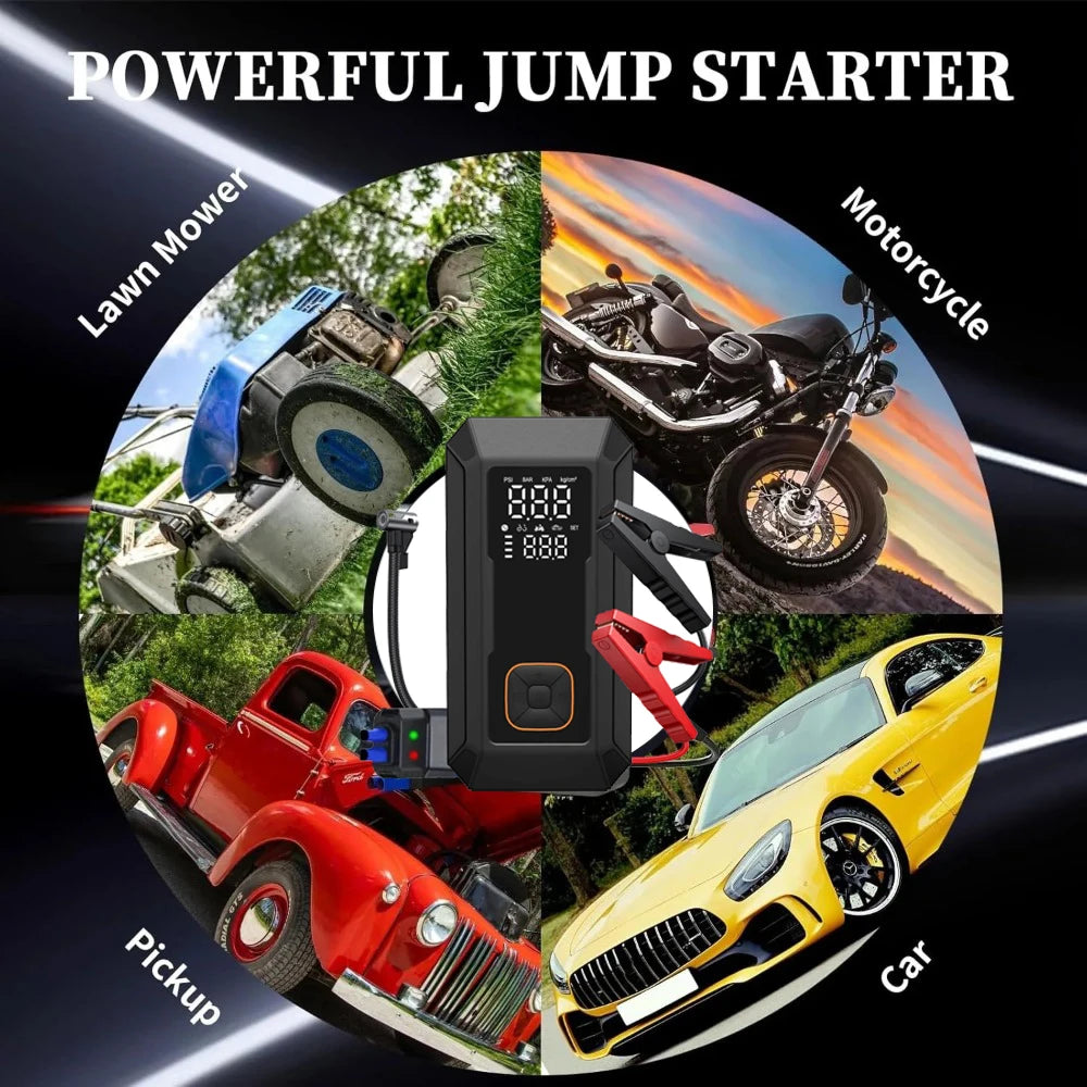 Motorcycle Jump Starter Q28 4000A with 150PSI Air Compressor Portable Power Bank Tyre Inflator 400 Lumen LED Light 12V