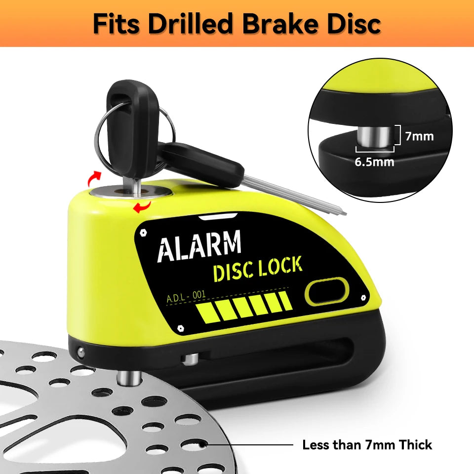 Extractme Motorcycle Alarm Disc Brake Lock 120dB Bicycle Wheel Disk Padlock Security Anti-Theft Lock Scooter – USB-C Rechargeable – 7mm – With or Without Rope – Red Black Blue Green Yellow