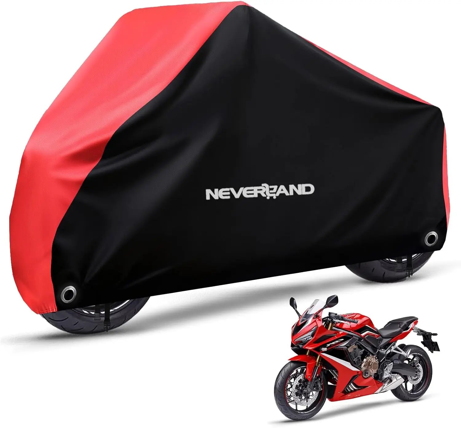 NEVERLAND Motorcycle Cover Waterproof Outdoor Heavy Duty with 2 Lock Holes All Season Indoor Outdoor Universal Motors Cover – 300D Oxford Cloth PU 1500Pa Red Adjustable Elastic Band 1 Year Warranty